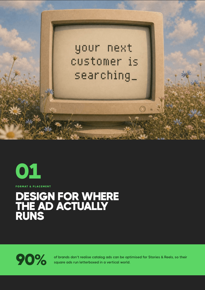 Guide chapter one opener: design for where the ad actually runs, with the 90% Stories and Reels statistic