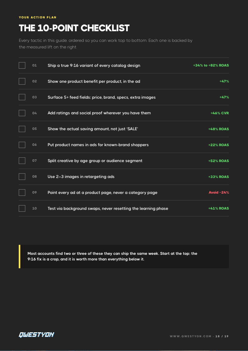 The 10-point Meta catalog ads checklist with measured ROAS lift for each tactic