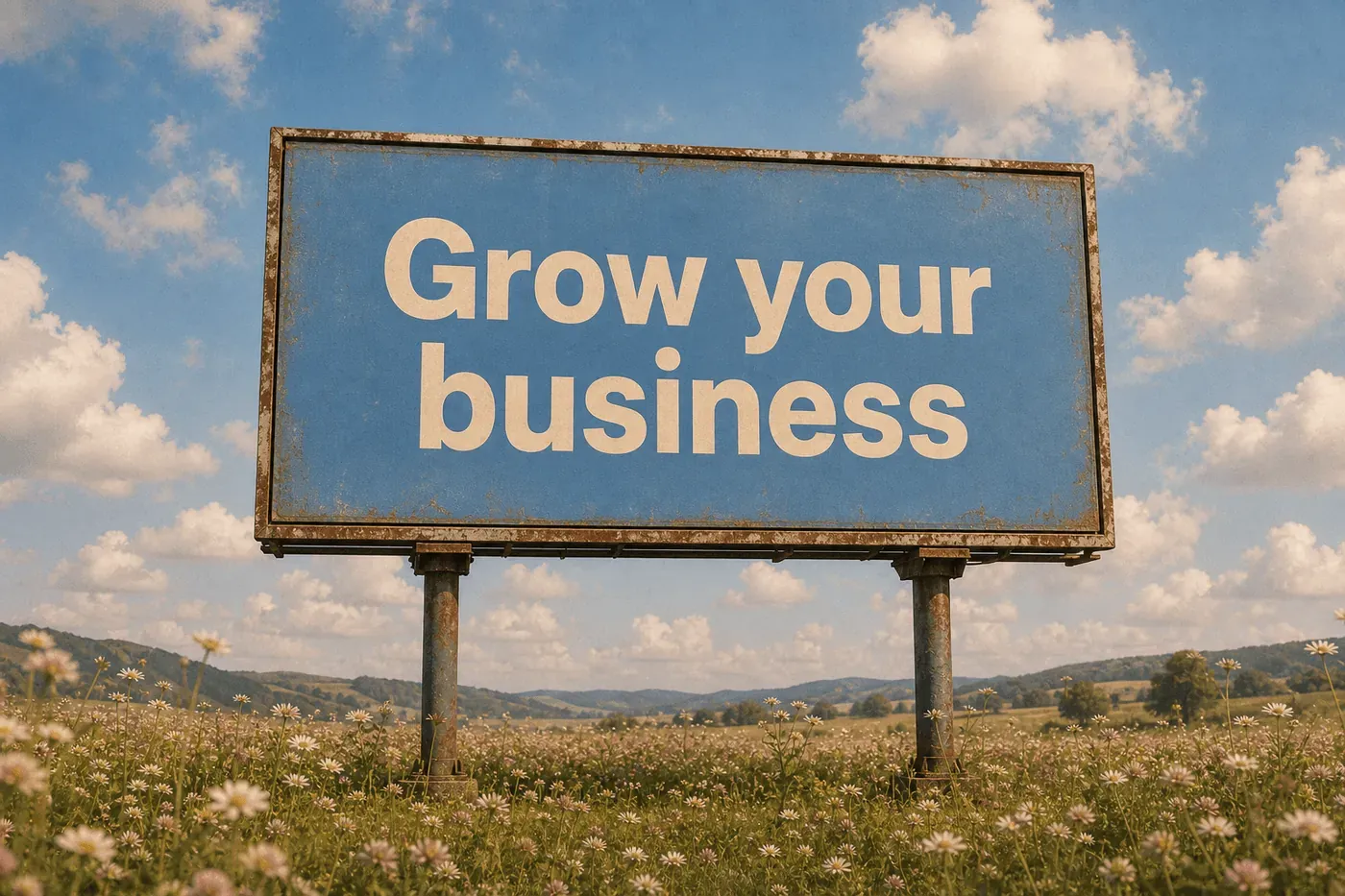A weathered roadside billboard in a wildflower meadow reading: Grow your business