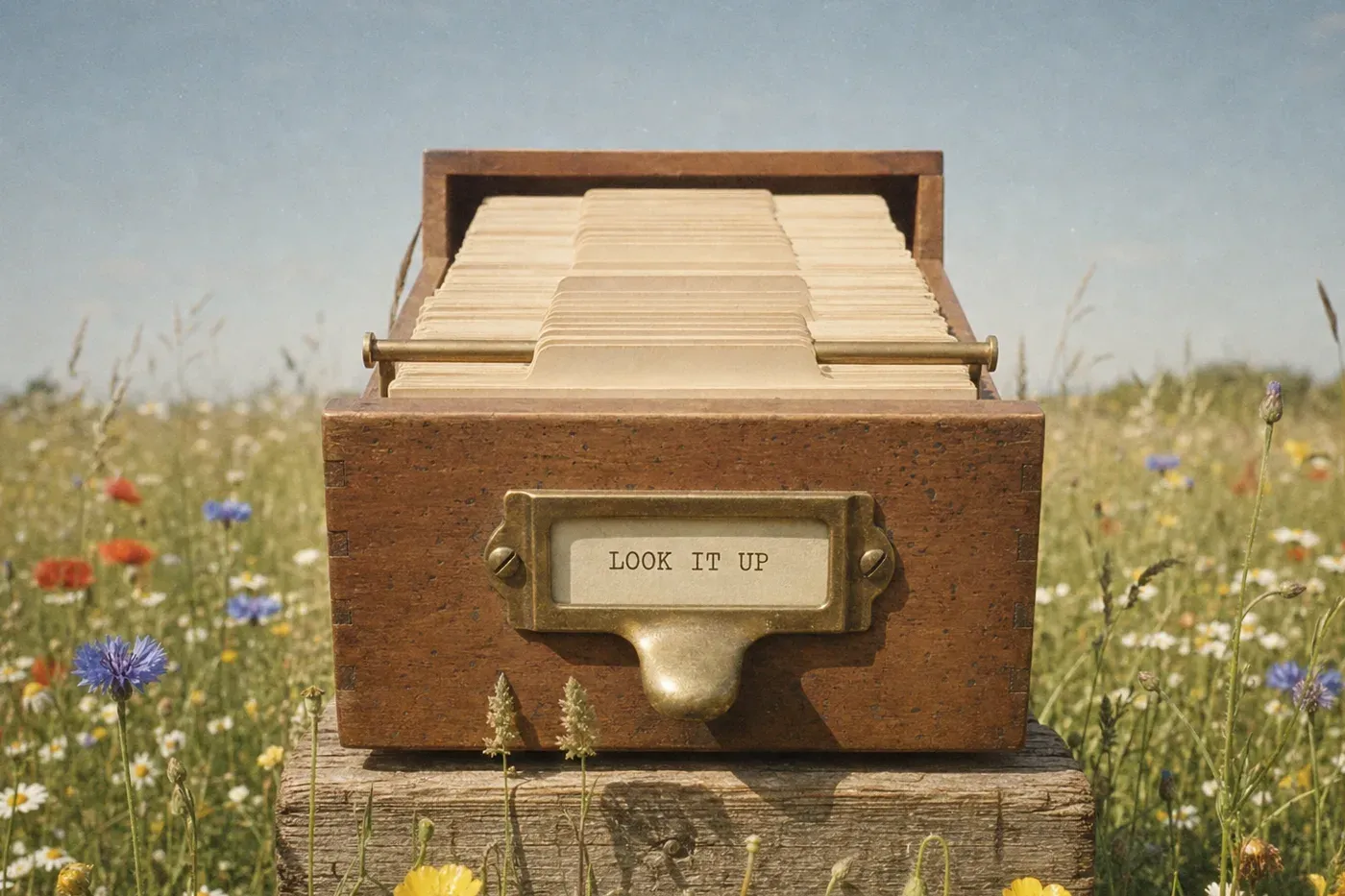 An oak library card-catalogue drawer full of index cards, standing in a wildflower meadow, its brass label holder reading: LOOK IT UP