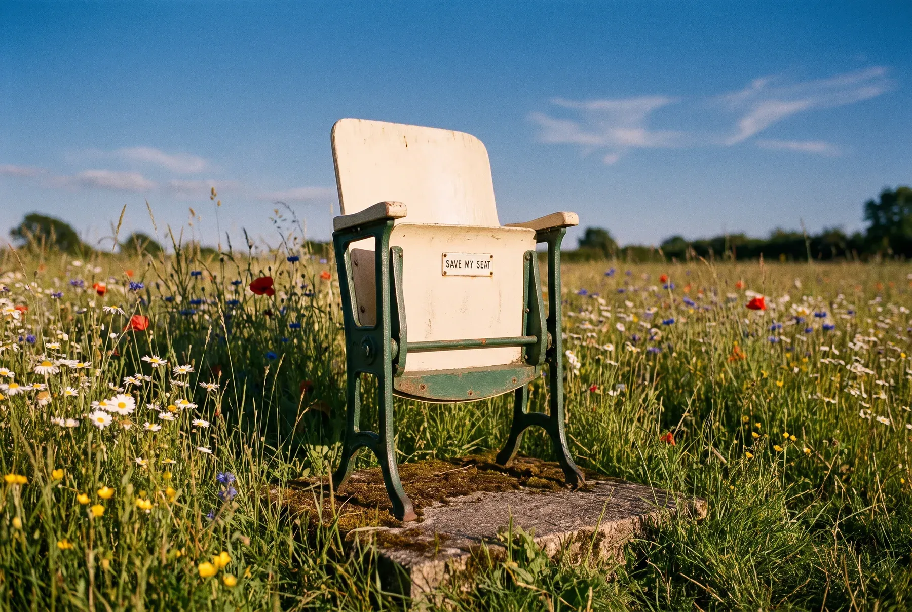 A single cream and green folding cinema seat standing alone on a concrete plinth in a British wildflower meadow, with a small enamel plate on its back reading Save My Seat.