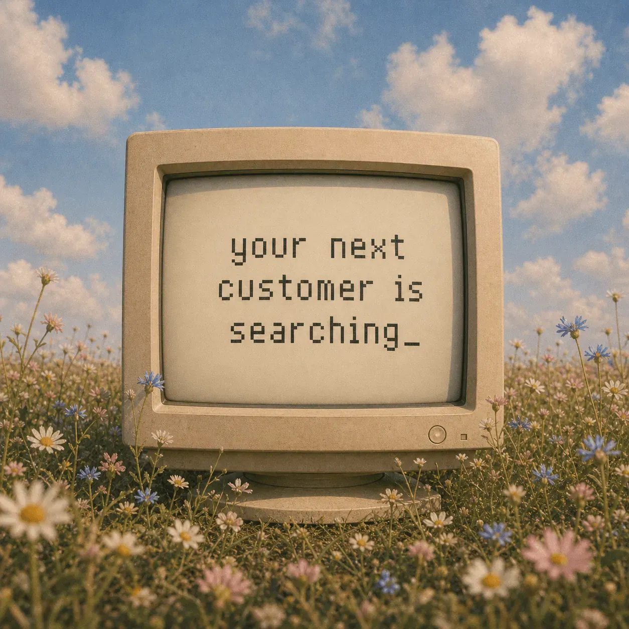 A beige CRT monitor standing in a wildflower meadow, its screen reading: your next customer is searching