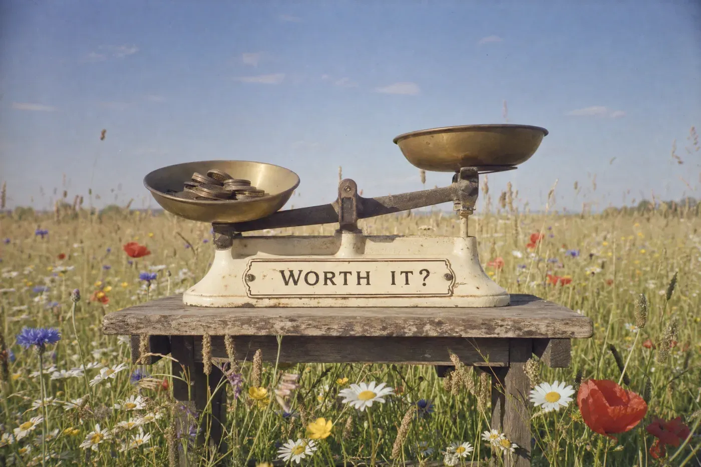 A set of brass balance scales standing in a wildflower meadow, one pan holding a stack of coins, the enamel plate on the base reading: WORTH IT?