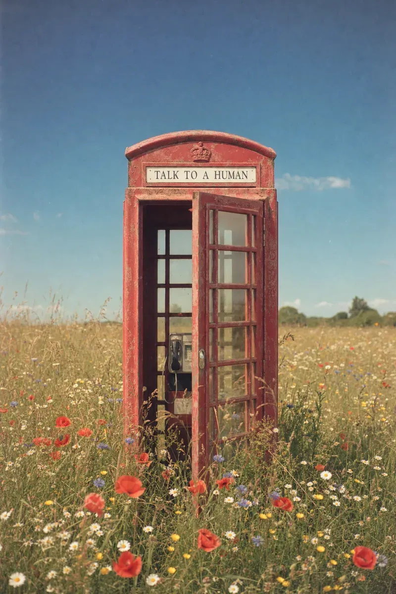 A red telephone box standing in a wildflower meadow, its sign reading: talk to a human