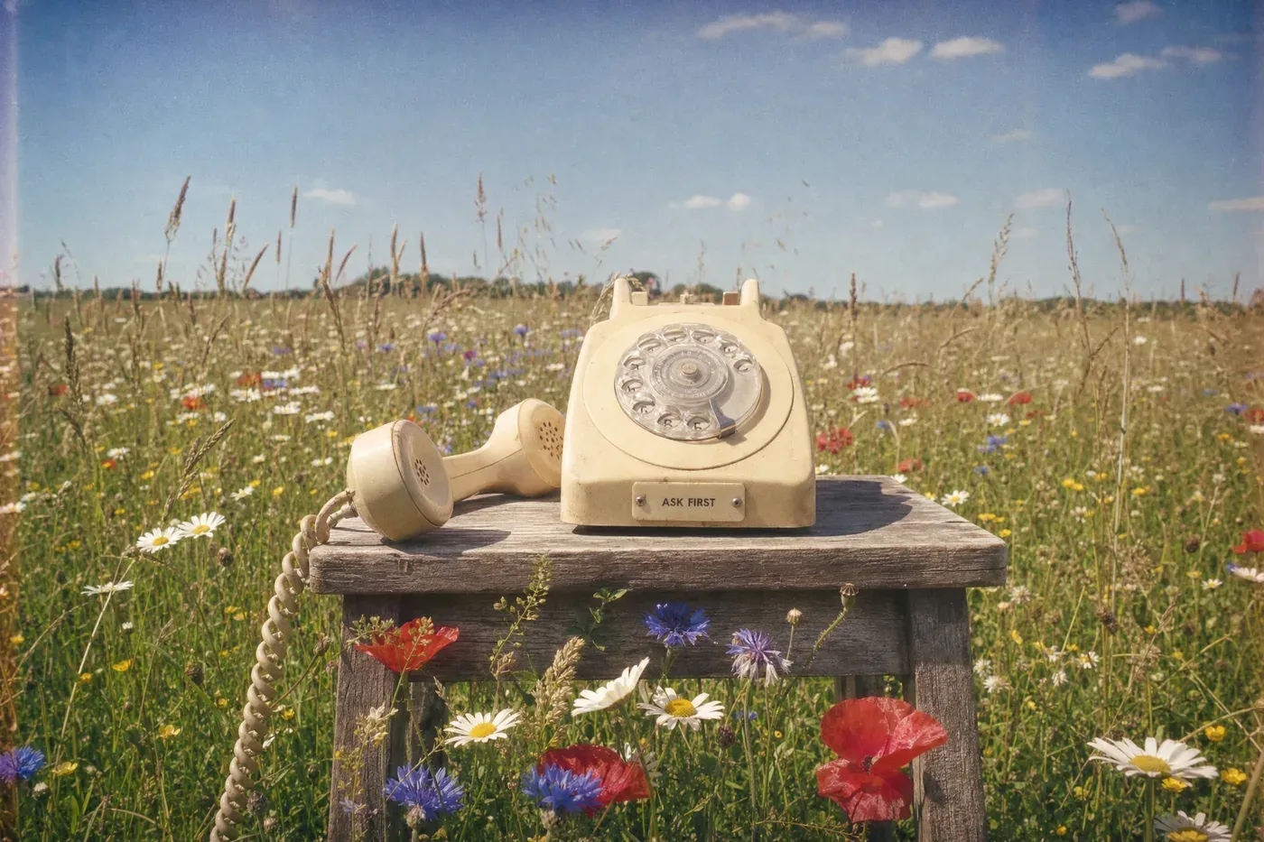 A cream rotary-dial telephone on a stool in a wildflower meadow, its label reading: ask first