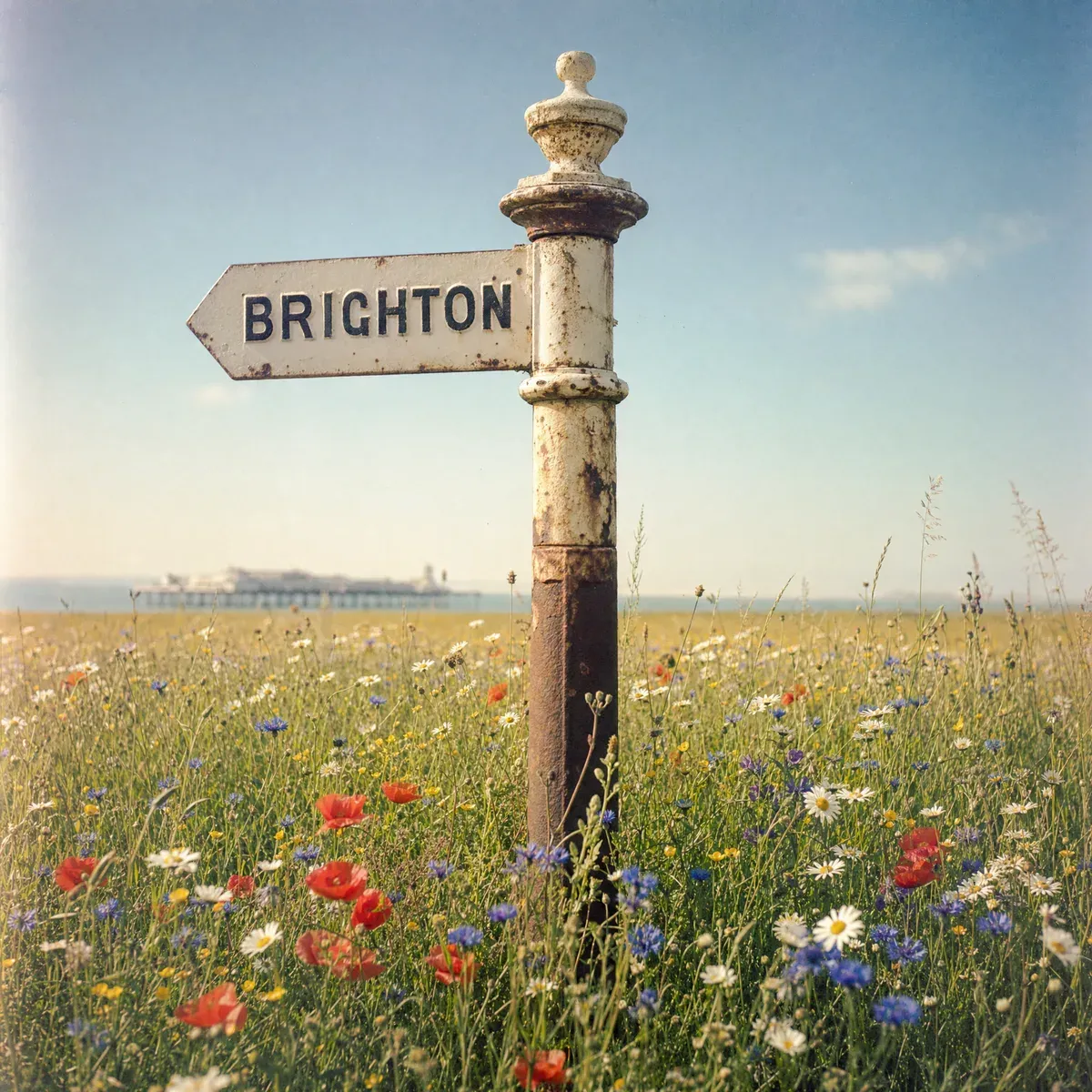 A weathered enamel signpost in a wildflower meadow pointing to Brighton, with the pier faint on the horizon
