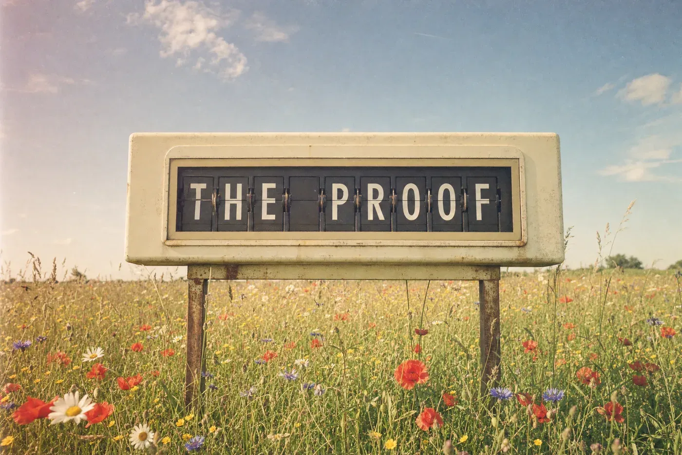 A mechanical split-flap departure board standing in a wildflower meadow, its flaps reading: THE PROOF