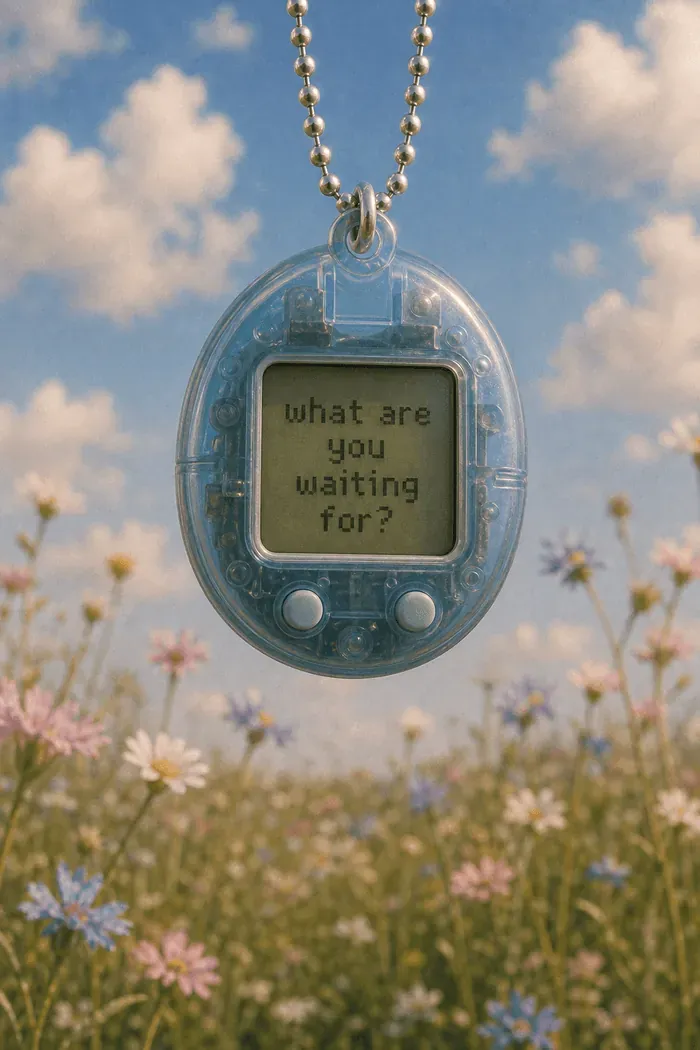 A Tamagotchi hanging above a wildflower meadow, its screen reading: what are you waiting for?