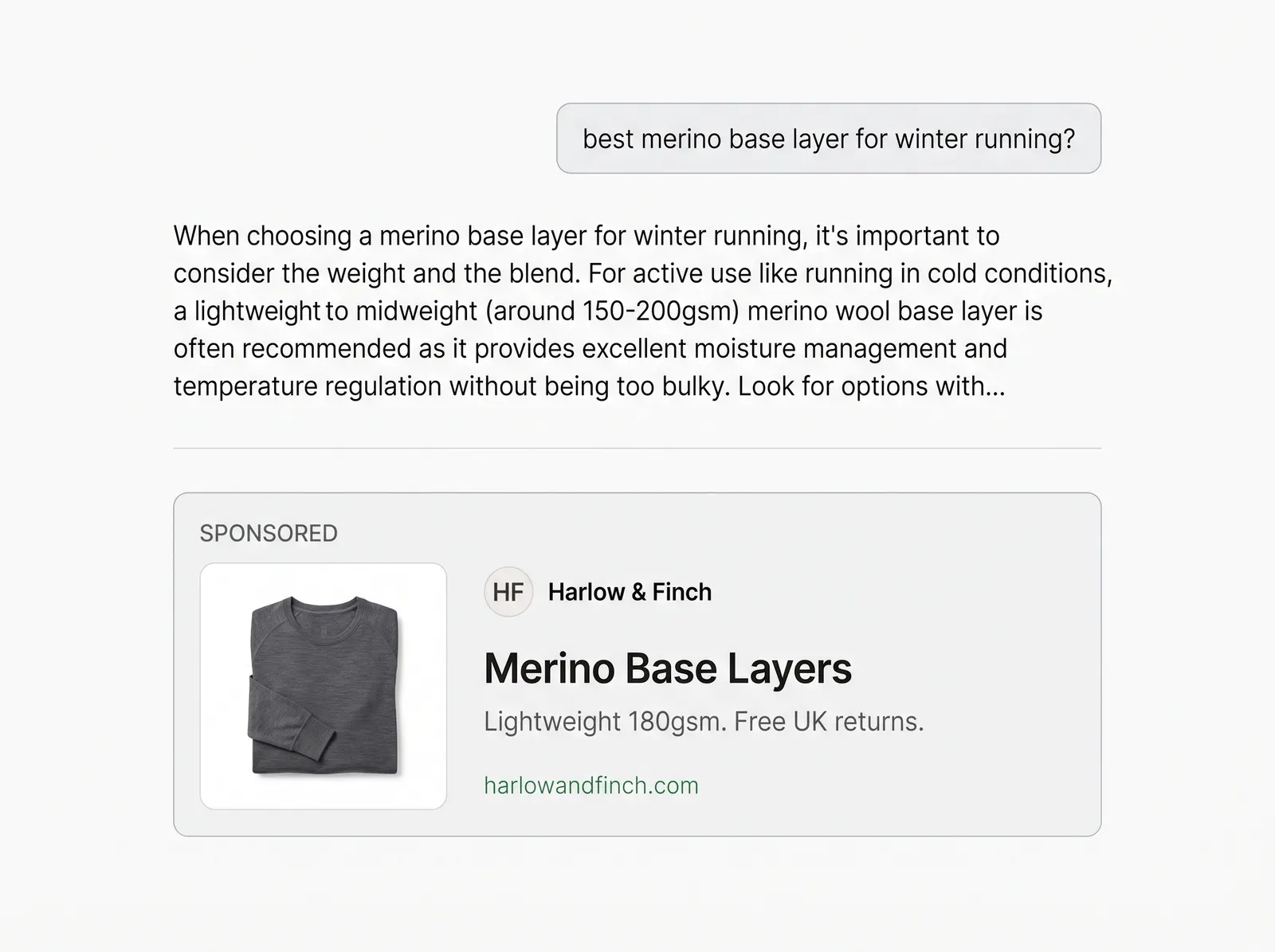 An illustration of a sponsored ad card sitting below an AI assistant's answer, showing the advertiser name, a headline, one line of description and the store's web address.